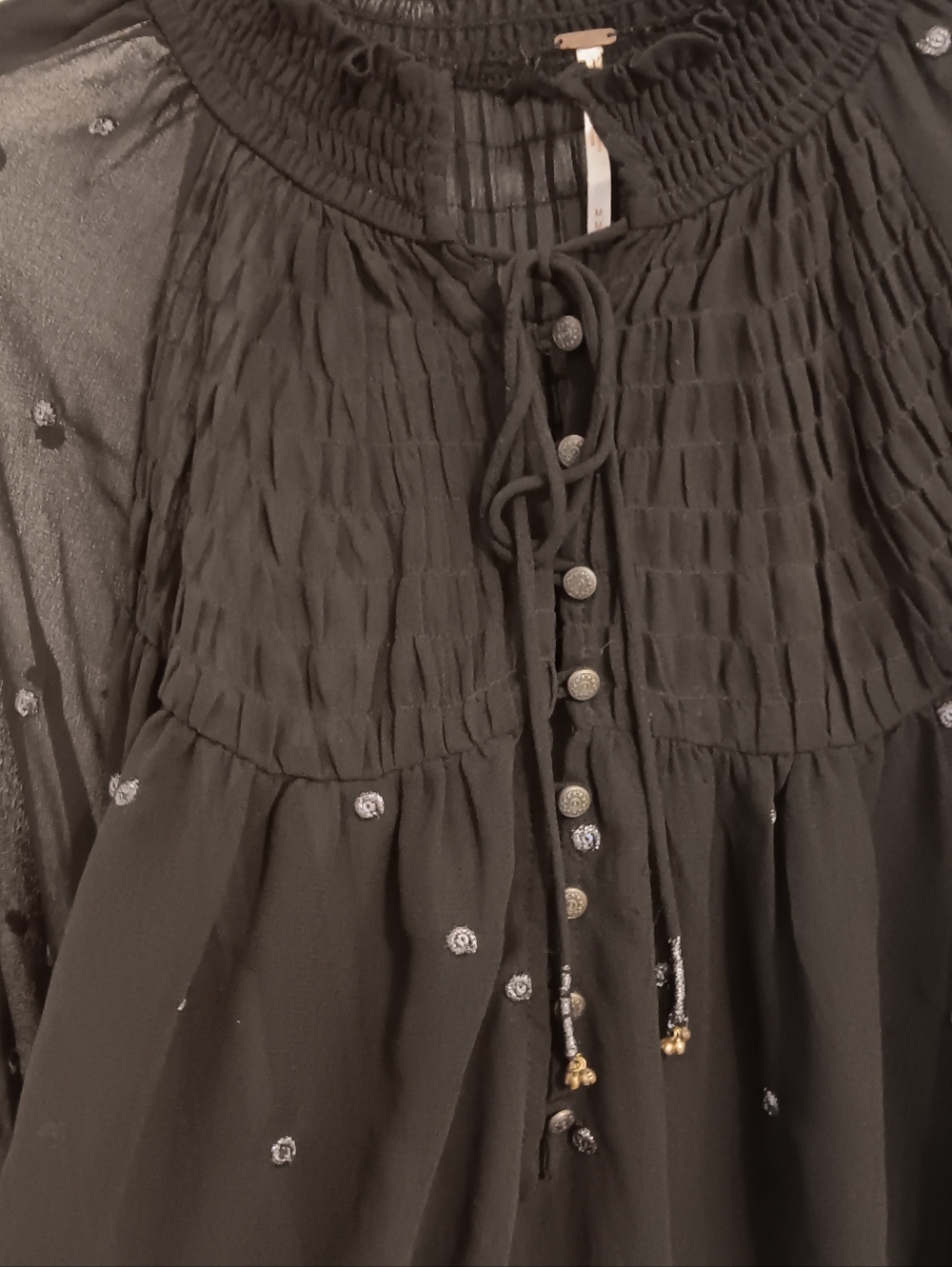 Free People Ready to Run Top Black Sheer Chiffon Boho Long-sleeve M Witchy Goth - Picture 6 of 8